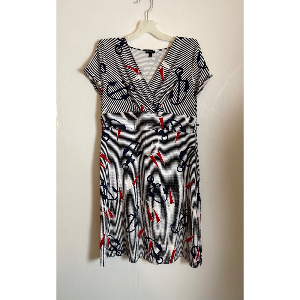 Talbots XL Nautical  Sailboat Striped Jersey Knit Dress americana coastal midi